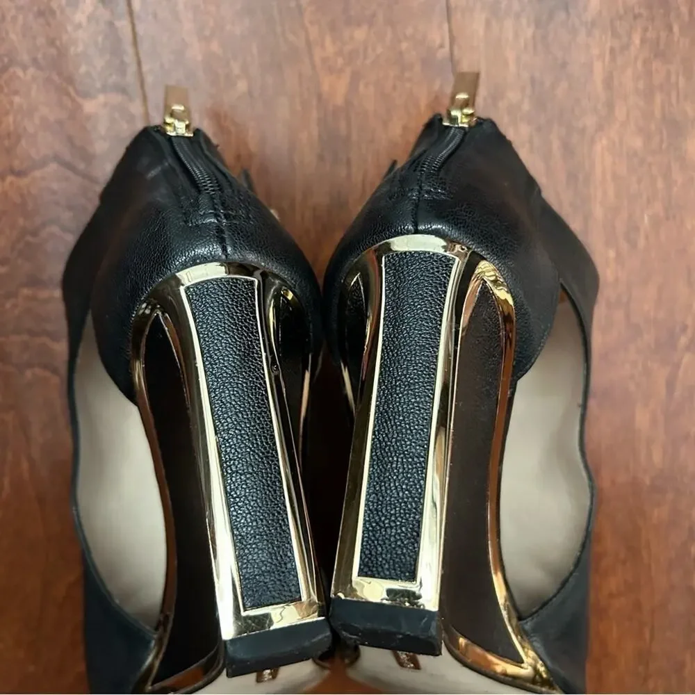 Louise et Cie Black Leather Wedge Heel Peep Toe Shoes, Gold Detailing Size 8.5